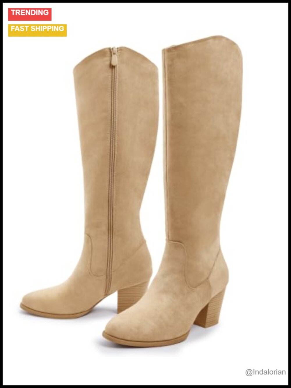 Knee High Boots Pointed Toe Chunky Heel Side Zipper Faux Suede